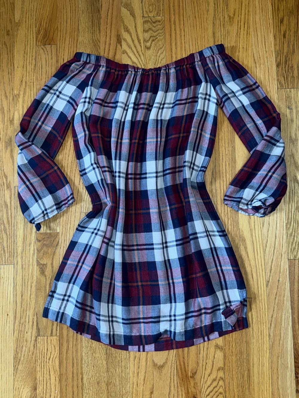 Cloth & Stone Burgundy and White Plaid Off-Shoulder Dress